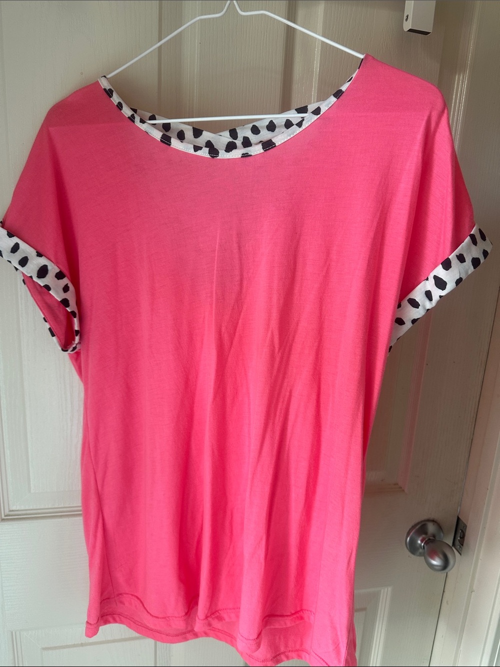 Women’s Hot Pink Short Sleeve Tee with Black-and-White Spot Trim